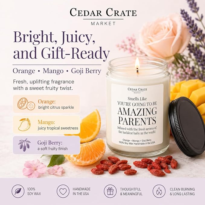 Cedar Crate Market New Parents Gifts for Couples, Baby Shower Pregnancy Gift, Gender Reveal Candle, New Mom First Time Mom Dad, Orange, Mango, Goji Berry 9oz Soy Wax, Made in USA, 45+ Hour Burn