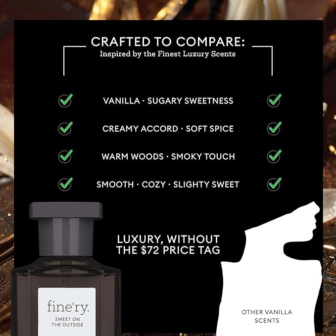 Fine'ry Vanilla Gourmand Sweet on the Outside Perfume for Women & Girls - Vanilla, Cacao Wood & Smoked Vetiver - Warm, Long-Lasting, Full Size Hair & Body Cologne Parfum Fragrance (60mL)