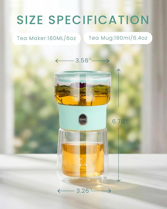 ZENS Modern Glass infuser Teapot, Small One Touch Tea Maker for Loose Tea Diffusers with 200ml Insulated Cup and Blue Portable Carry Case, Magic Gongfu Tea Pot for Tea Lovers Gifts
