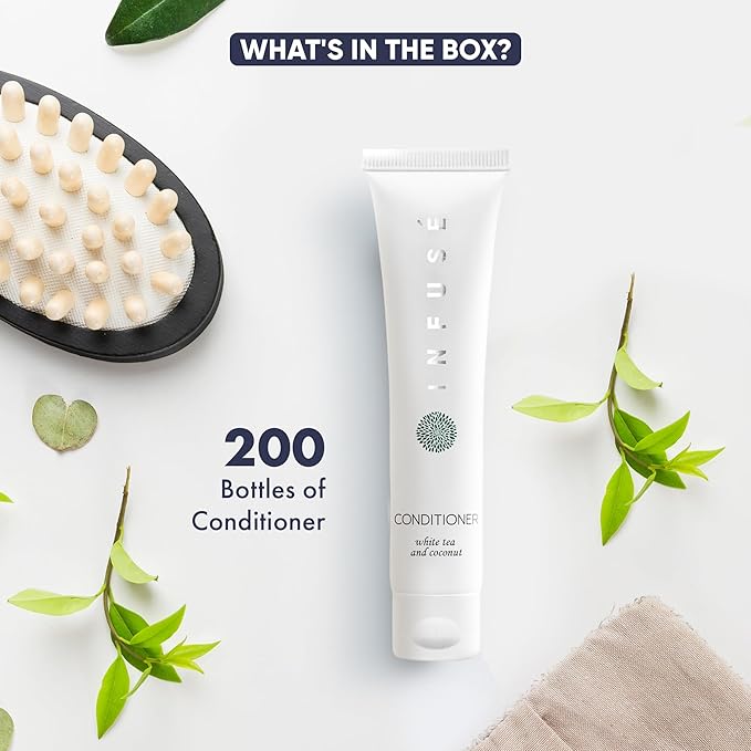 Travel Size Hotel Conditioner 200 Count 1 oz Bottles Guest Amenities for Hotels Vacation Rentals and Short Term Rentals Paraben Free White Tea and Coconut Scent Infused with Aloe & Olive Oil by INFUSE