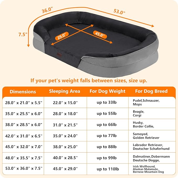 Dwanton Orthopedic Waterproof XXX-Large Dog Bed Sofa, Gel Memory Foam, 53" | Egg-Crate Foam Dog Sofa, Washable Pet Bed with Four Sided Bolster Cushion, Removable Cover & Non-Slip Bottom, Dark Grey