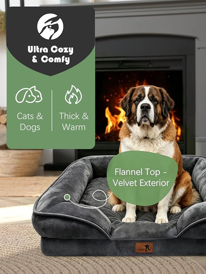 Spotted Play Orthopedic Dog Bed with Sides - Sofa Beds for Extra Large Dogs, Supportive Foam Pet Couch Bed with Washable Removable Cover, Waterproof Lining and Non-Slip Bottom, Dark Grey - XXL