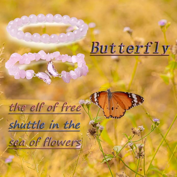 DUQGUHO 2Pcs Butterfly Bracelets for Women Healing Crystals Bracelets for Women Natural Gemstone Bead Bracelet Cute Butterfly Charm Bracelet Stretch 8mm Crystal Jewelry Gifts for Women