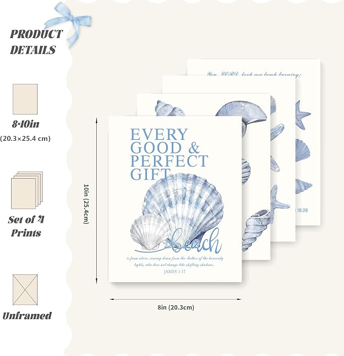 LARTSFRO Beach Ocean Blue Christian Bible Wall Art Decor Posters, Coquette Shells Christian Room Bathroom Bedroom Dorm Wall Art Decor Aesthetic for College Teen Girls Gifts, Inspirational Bible Verses Wall Decor, 10x8 Inch Set of 4 Pcs Summer Beach Pic...