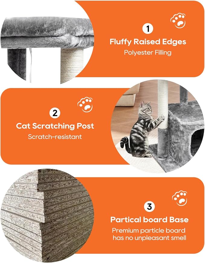 SYANDLVY 27IN Cat Tree for Indoor Cats Large Adult, Modern Activity Tower | Scratching Posts, Condo with Plush Perch, Climbing Stand with Spring Ball for Play, Grey