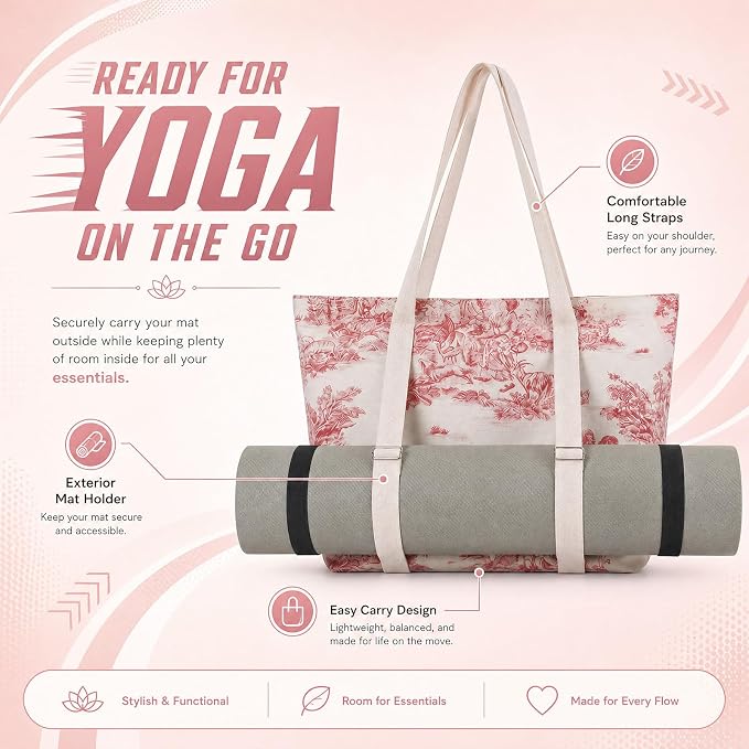 Hsei Pink Floral Yoga Mat Gym Bag Pink Toile Yoga Tote Bag for Women Vintage Boho French Country Large Canvas Tote with Zipper Closure for Pilates Fitness Travel Beach Travel Office Workout Gym Gift
