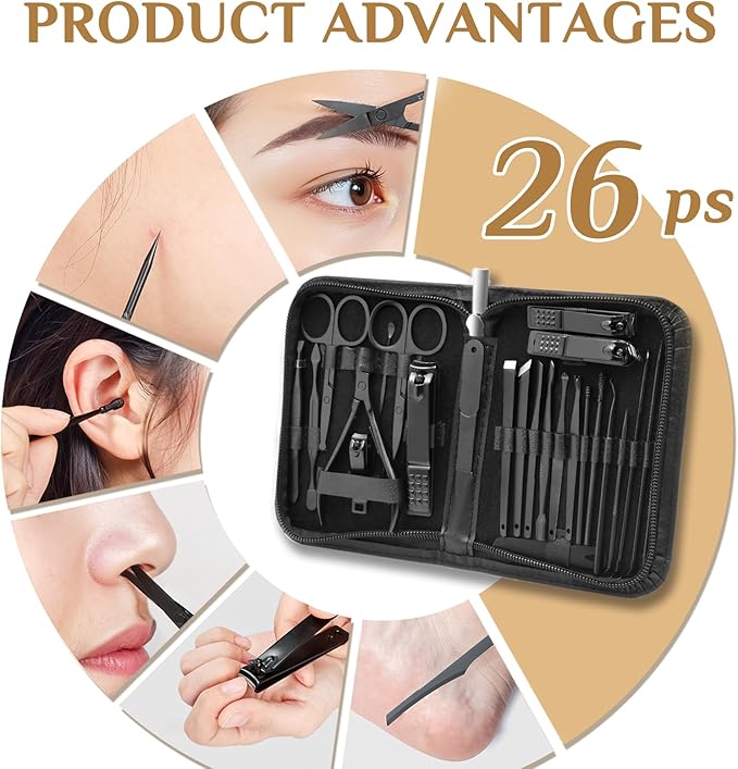 MINKINH Manicure Set Professional Nail Clipper Kit-26 Pieces Stainless Steel Manicure Kit,Nail Care Tools with Luxurious Travel Case Nail Grooming Kit Present for Men Husband Boyfriend Parent (Black)