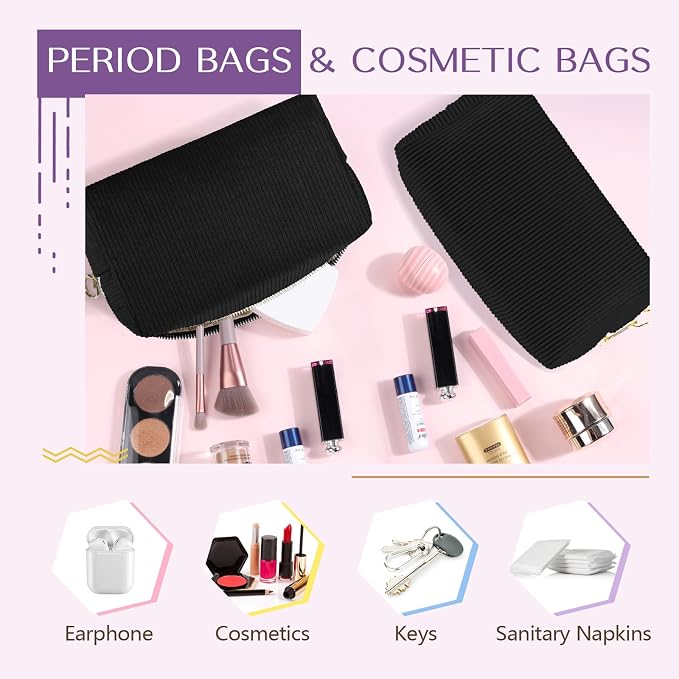 Likesing Tampon Holder for Purse, Corduroy Period Bag Sanitary Napkin Storage Bag for Girls Womens, Portable Feminine Emergency Pad Period Pouch(Black)