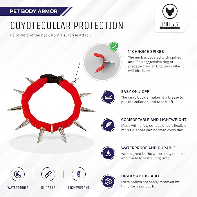 CoyoteCollar Spike Dog Collar, Adj/Replaceable Spikes, Large, Red