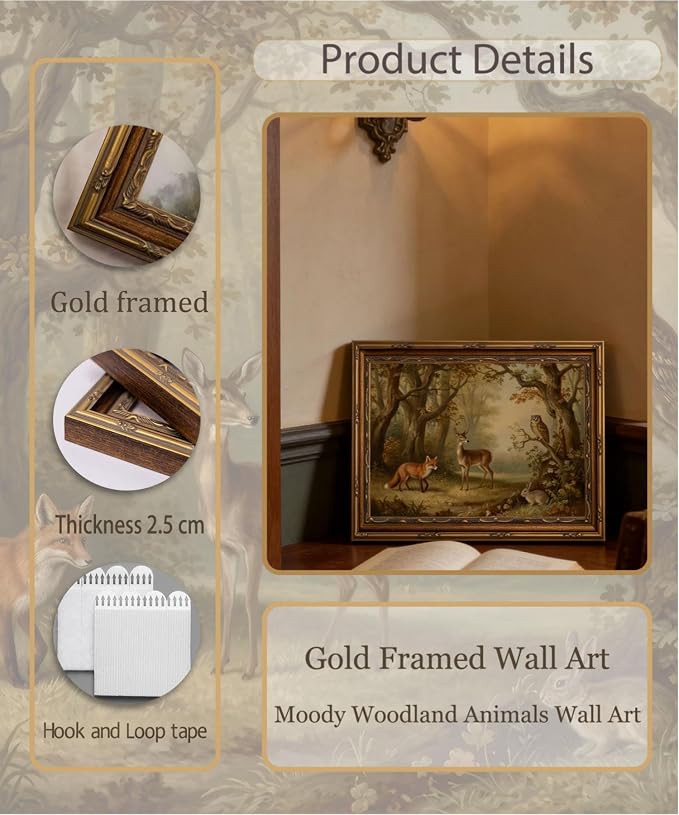 Vintage Gold Framed Wall Art Moody Woodland Animals Wall Art Whimsical Forest Deer Fox Rabbit Owl Wall Decor Picture Cottagecore Rustic Nature Landscape Poster Print for Living Room Bedroom 12x16in