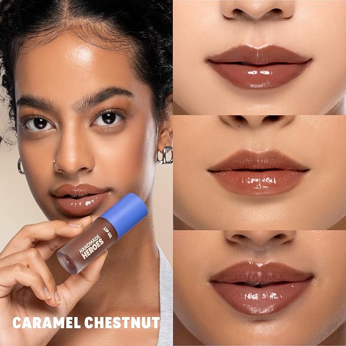 Handmade Heroes 100% Natural Vegan Lip Oil with Squalane Non-Sticky Lip Gloss Moisturizing, Shiny, Nourishing Korean Lip Gloss - Caramel Chestnut