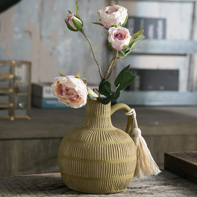 Mowtanco Farmhouse Vase with Handle and Tassel, Grey Yellow Vertical Stripes Design Clay Vase 10'' Tall - Ceramic Flower Vase for Rustic Home Decor, for Fireplace Kitchen Living Room Centerpieces