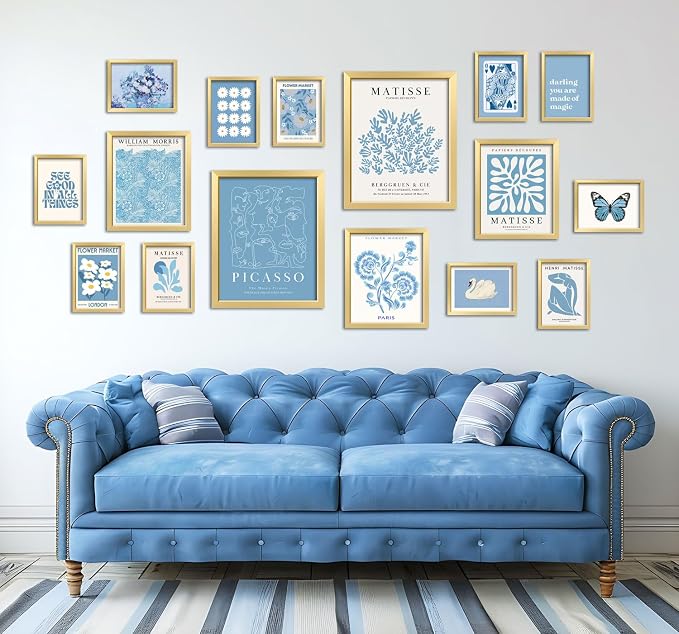 16 PCS Framed Blue Wall Art Decor, Matisse Wall Prints for Bedroom, Gallery Wall Frame Set, Minimalist Posters for Living Room Aesthetic, Collage Kit, Teen Girls Dorm Home Artwork