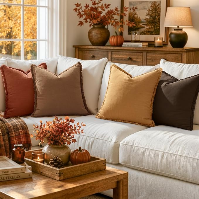 MIULEE Fall Linen Fringe Pillow Covers Set of 4 18x18 Orange/Yellow | Boho Farmhouse Decorative Throw Pillow Covers, Neutral Soft Rustic Cushion Cases, for Couch Sofa Bed Living Room Home Decor