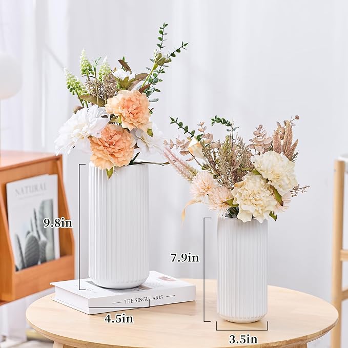 White Ceramic Flower Vase for Pampas Grass, 10 inch Large Decorative Centerpiece Ribbed Vase for Dining Table, Office Desktop, Shelf Bookshelf, Mantel, Entryway, Bathroom, Countertop, Farmhouse, Gift