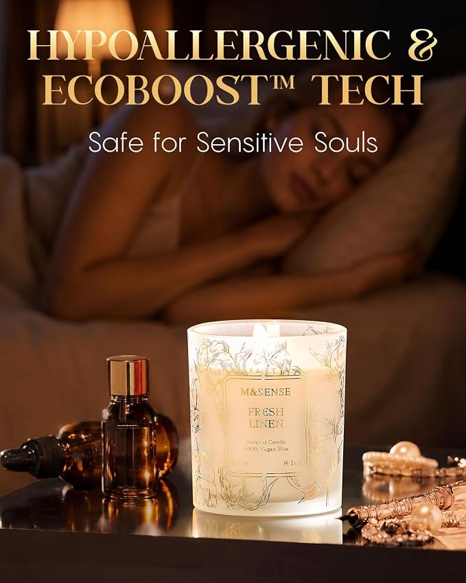 M&SENSE Fresh Linen Soy Candle, 8.1oz Gilded Glass, Home Refresh Gift | 42H Long Burn, Air Purifying Stress Relief Scent, Non-Toxic, Warmer Friendly, Reusable Jar