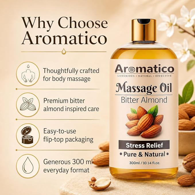 AROMATICO Almond Massage Oil. Hydrates & nourishes Skin, soothes Irritation, Improves Texture & Promotes Relaxation - 10 Fl Oz Rich in Vitamins & Essential Fatty acids, enhances Circulation.