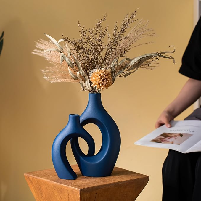 Snuggle Hollow Ceramic Vase Set of 2, 11 inch Modern Nordic Coastal Shaped Pampas Grass Aesthetic Decorative Table Vases for Living Room Shelf Home Decor (Matte Navy Blue -L)