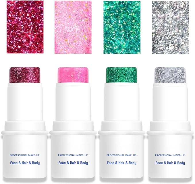 Body & Face Glitter Makeup Stick, Multiuse Waterproof Glitter Gel for Face Body Hair Eye Lip, Holographic Sequins Paint Stick, Mermaid Accessories Makeup (Silver, Pink, Green, Rose Red)