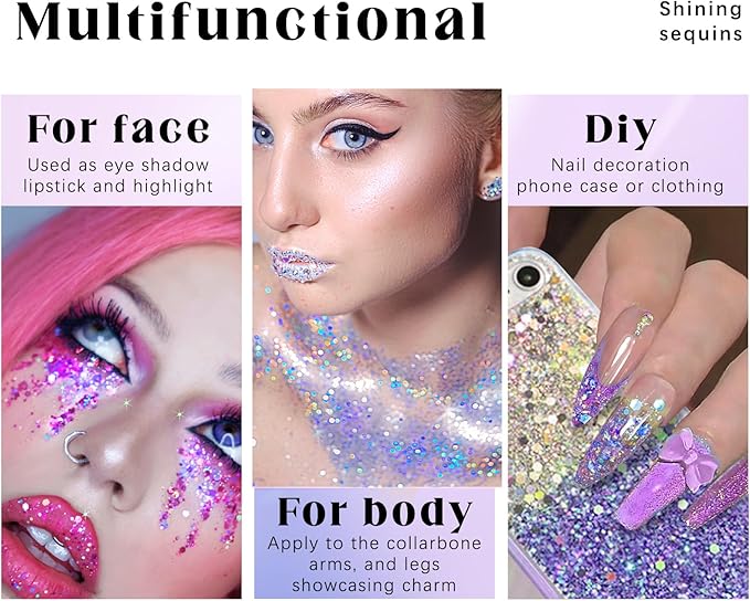2 Colors Roll-on Body Glitter Gel, Holographic Glitter Gel Under Light for Face Hair, Body Shimmer for Rave Accessories Christmas New Year Halloween Makeup (8+12)