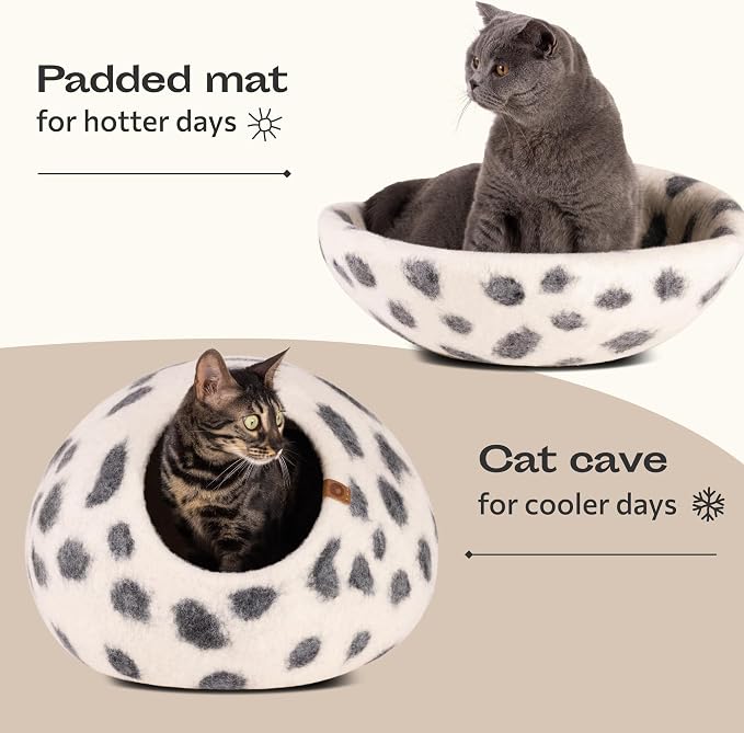 Cat Cave - Merino Wool Bed for Indoor Cats (Snow Leopard, Medium) | Cat Bed Enclosure, Premium Felt, Handmade, Super Soft, Lightweight, Breathable, Adjustable Shape