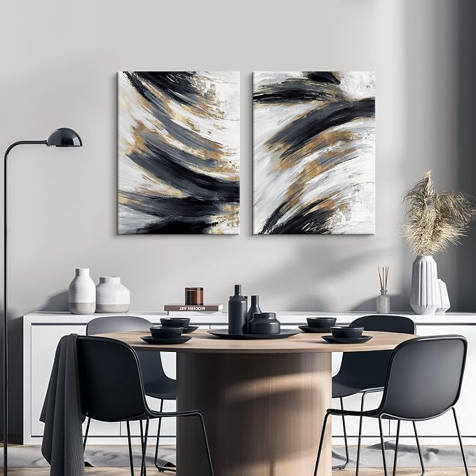 Chadow Artwork 2 pieces Black and Gold Abstract Wall Art 2 Pack Black and White Canvas Wall Decor Modern Framed Artwork for Living Room Bedroom Office Décor Ready to Hang 12"x16"(30cmx40cm)