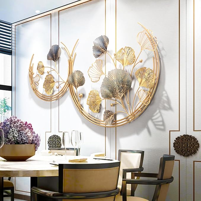 CDDUOLA 3D Room Wall Decor, Handmade Art Metal Round Golden Ginkgo Leaf Decorative Wall Sculpture for Home Living Room And Bedroom, 2 Pack | Handmade Art Metal Ginkgo Leaf Decorative Wall Sculpture for Home Living Room And Bedroom, 2 Pack
