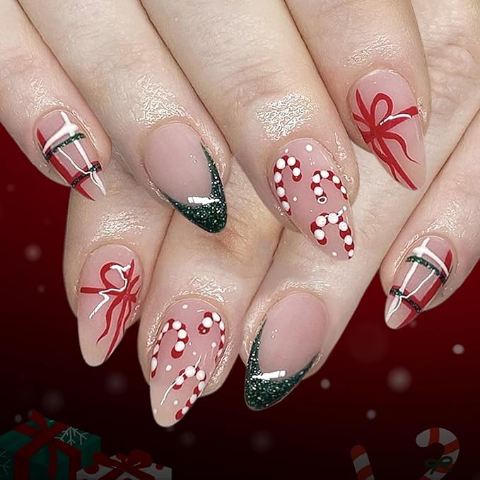 Christmas Press on Nails Candy Cane Fake Nails Short Almond False Nail with Bow Design Nude Glue on Nails Glossy Full Cover Artificial Acrylic French Tip Stick on Nail for Women Xmas Manicure 24Pcs
