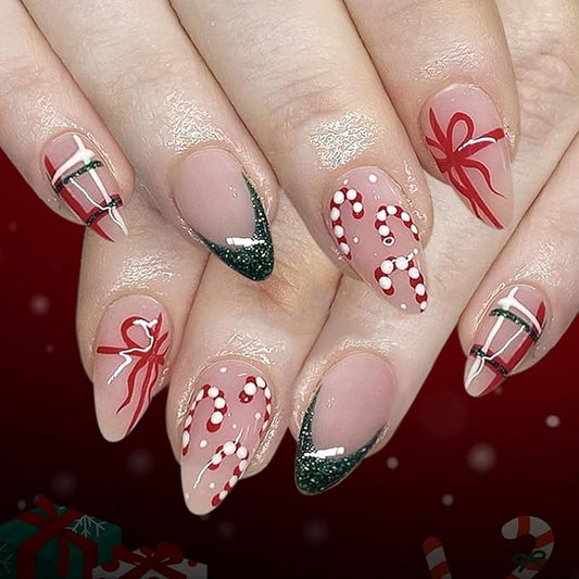 Christmas Press on Nails Candy Cane Fake Nails Short Almond False Nail with Bow Design Nude Glue on Nails Glossy Full Cover Artificial Acrylic French Tip Stick on Nail for Women Xmas Manicure 24Pcs
