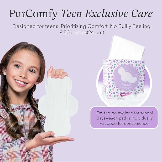 PurComfy Teens Period Pads with Wings for Tweens, Organic Cotton Sanitary Pads for Teen Girls 9-14, Teen Regular, 18 CT (Pack of 2)