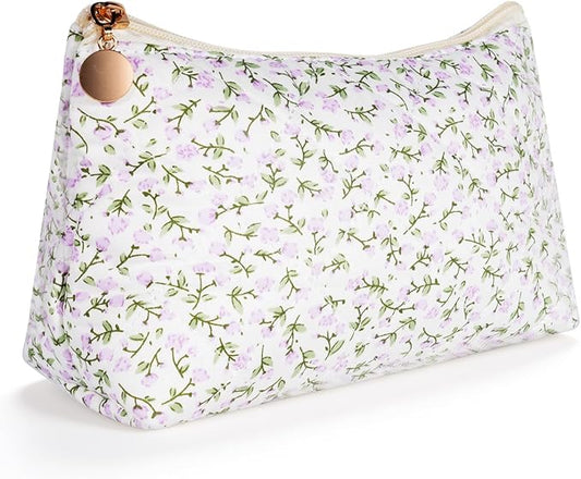 Quilted Cotton Makeup Bag, Coquette Quilted Toiletry Bag for Women and Girls, Floral Coquette Pouch, Cute Kawaii Travel Cosmetic Bags (Purple Floral)
