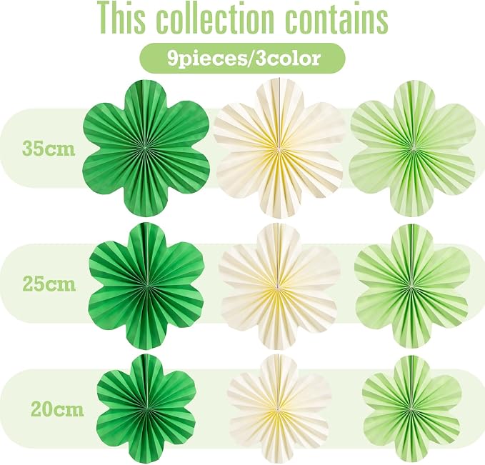 SUNBEAUTY Green Paper Flowers Decorations for Wall, Spring Summer Paper Fans Decor, Classroom Decor Paper Floral Backdrop Paper Flowers Decoration Hanging Paper Fans Green Flower Wall Decor, Set of 9