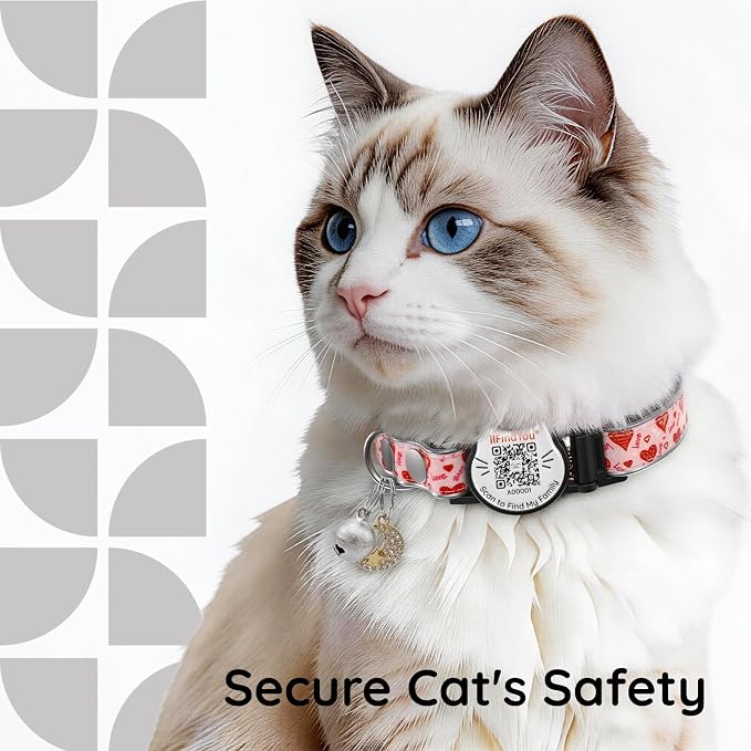 Breakaway Cat Collar with QR Code Name Tag&Bell, Adjustable Kitten Collar, Reflective Anti-Lost Safety Cat Collars for Girl Cats & Boy Cats, Comfortable Durable Nylon Pet Collar(Love)