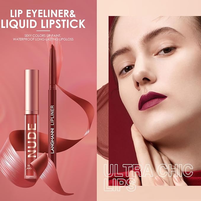 LANGMANNI 4pcs Matte Lipstick with Lipliners Durable Makeup Set,Long-Lasting Non-Stick Cup Not Fade Waterproof Pigmented Velvet Lipgloss Kit Beauty Cosmetics Makeup Gift for Girls(#1+3+5+7)