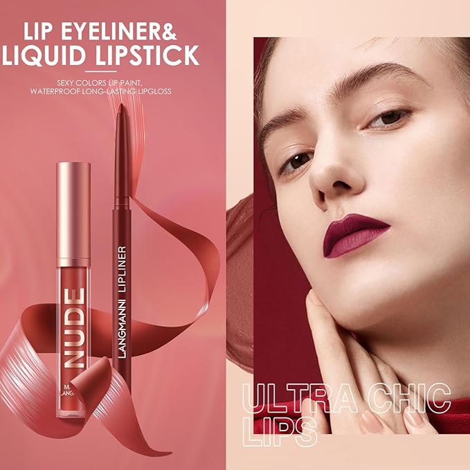 LANGMANNI 4pcs Matte Lipstick with Lipliners Durable Makeup Set,Long-Lasting Non-Stick Cup Not Fade Waterproof Pigmented Velvet Lipgloss Kit Beauty Cosmetics Makeup Gift for Girls(#9+10+11+12)