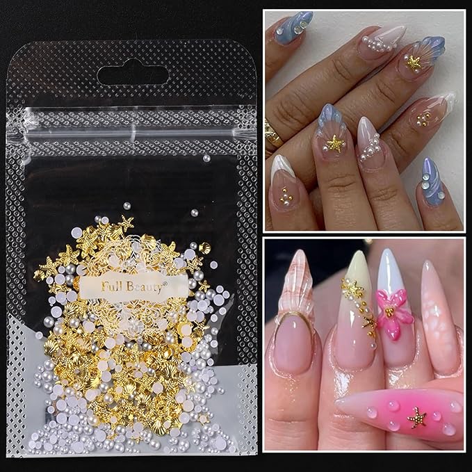 Summer Nail Charms, Ocean Style Starfish Scallop Half-Round Pearl Mixed Mini Nail Jewelry Gold Nail Rhinestones Pearls Ocean Theme Designs Metallic Slice DIY Manicure Nail Parts Y2K for Nails