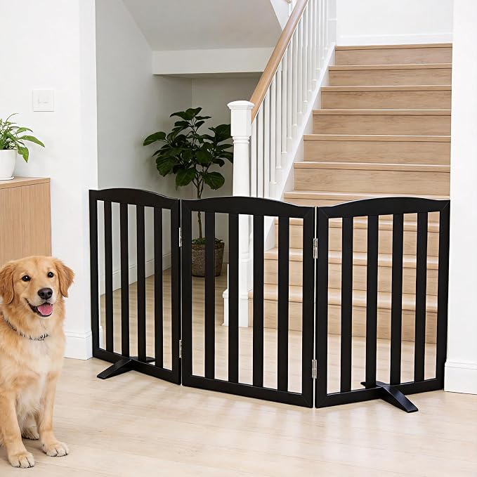 ZJSF Foldable Freestanding Indoor Dog Gate for House Wood Long Pet Gates Dog Fence for Stairs Puppy Gates for Hallways, Puppy Gate,Support Feet Included, Black, 24 "Height-3 Panels