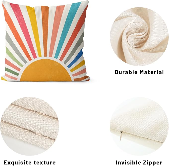 Summer Pillow Covers 18x18 Set of 2 Colorful Stripes Yellow Sunshine Throw Pillows Outdoor Boho Rainbow Sun Decorative Pillow Cases Linen Modern Farmhouse Cushion Case for Home Bedroom Decor