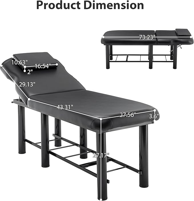 Professional Massage Table with Backrest, Faux Leather Stationary Physical Therapy Table, Metal Frame Barber Beauty Equipment, Removable Headrest Treatment Table Salon Spa Bed, Black