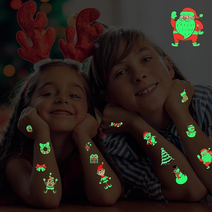 JUNEBRUSHS Glowing Christmas Temporary Tattoos for Kids, 20 Sheets Kids Tattoos Christmas Stocking Stuffers Glow in the Dark Decorations for Boys Girls Christmas Face Makeup Gift Filler