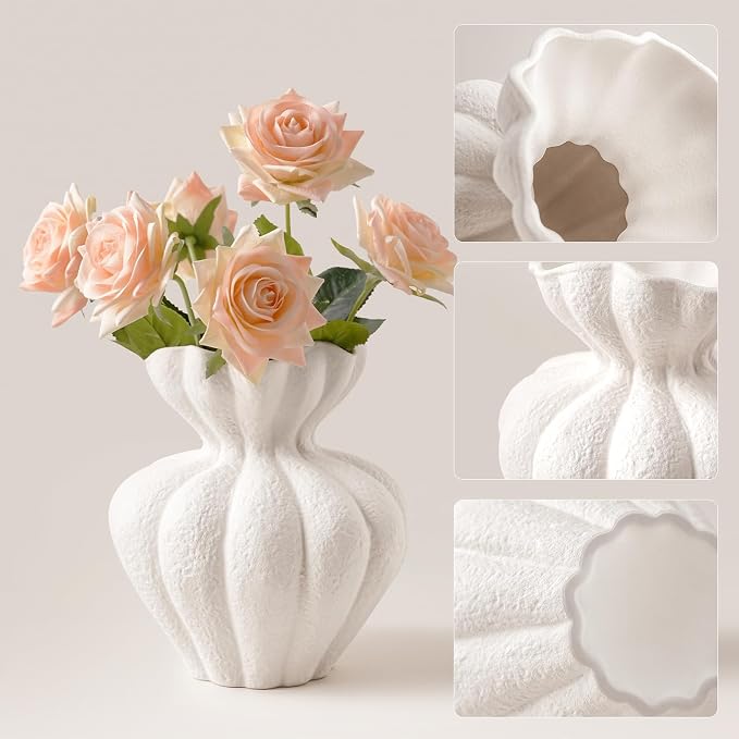 White Ceramic Vase, 6.8 Inch Modern Boho White Flower Vase for Home Decor, Unique Vase for Farmhouse Living Room Cabinet Table Centerpieces Wedding Decorations