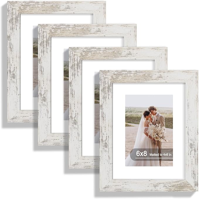 Hongkee 6x8 Picture Frame Set of 4, Made of Real Glass and Distressed White Frame - Display Picture 4x6 with Mat or 6x8 Without Mat, 6 by 8 Photo for Wall or Tabletop