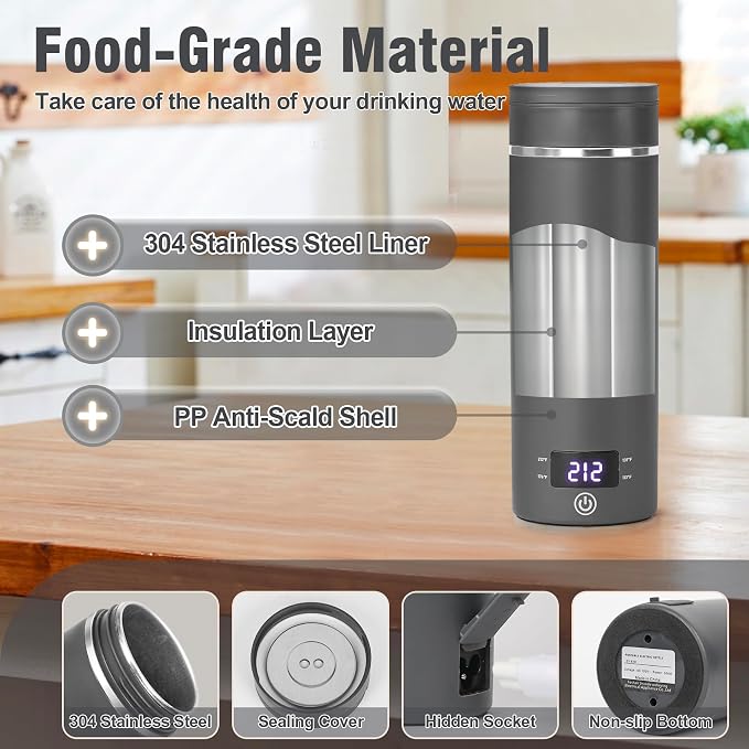 Travel Electric Kettle Portable Mini Kettle,Small Hot Water Boiler with 4 Temperature Settings,304 Stainless Steel,Fast Boiling Water with Auto Shut-Off and Boil Dry Protection,400ml (Grey, 400ml)