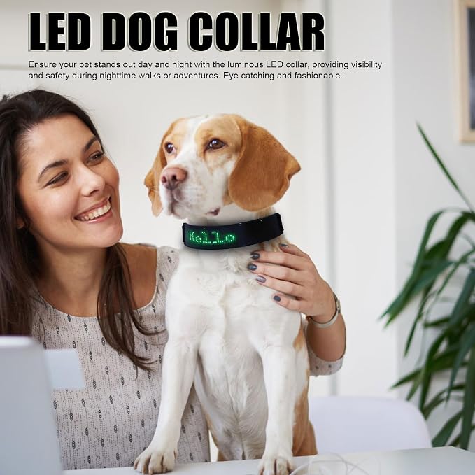 LED Dog Collar with DIY Smart Screen, Rechargeable Light Up Pet Collar, Glowing in Dark for Night Walks, APP Controlled Display Modes, PU Leather Comfort Fit for Small (Green Light)