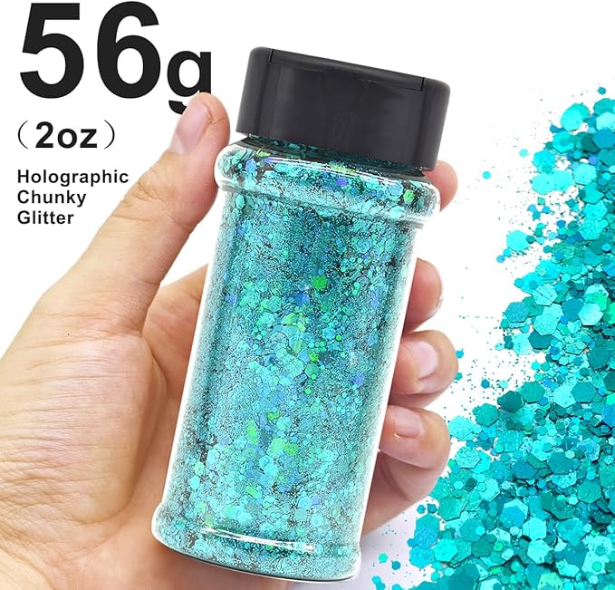 Teal - Green/Blue - Craft Glitter - 2oz Glitter Shaker Bright Colorful Holographic Mix Chunky Body Glitter Bulk Wholesale 24 Colors in Shaker Cosmetic Glitter - EBLB701