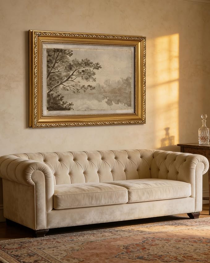 Vintage Gold Framed Wall Art Sepia Toned Tree 12x16in | Landscape Wall Decor, Sketch, Antique, Nature Inspired, Canvas Prints for Rustic Living Bedroom