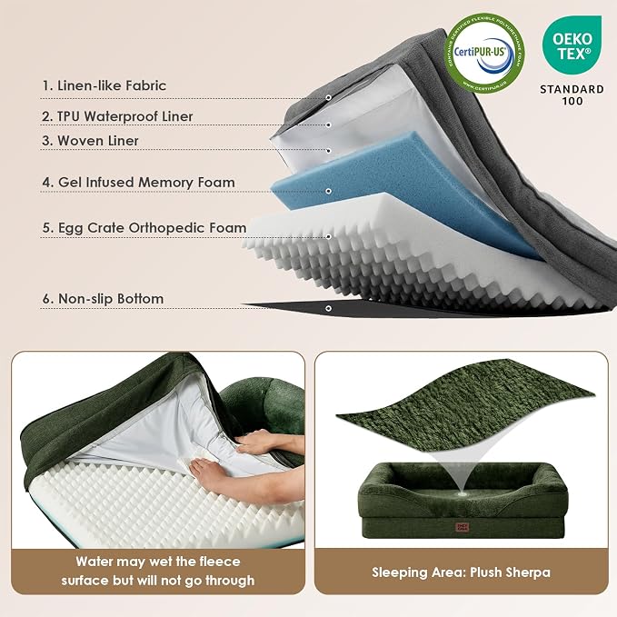 EHEYCIGA Orthopedic Dog Bed for Large Dog, Memory Foam Dog Couch,Dark Green | 36x27 Inch Large Sized Dog Sofa with Sides, Waterproof Liner & Washable Removable Cover, Bolster Pet Couch
