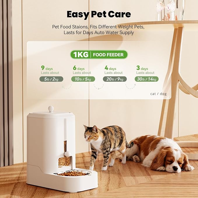 Automatic Cat Food Dispenser with Stainless Steel Bowl | Dog Water Bowl Dispenser Adjustable Water Dispensing, Auto Pet Waterer for Cats and Dogs