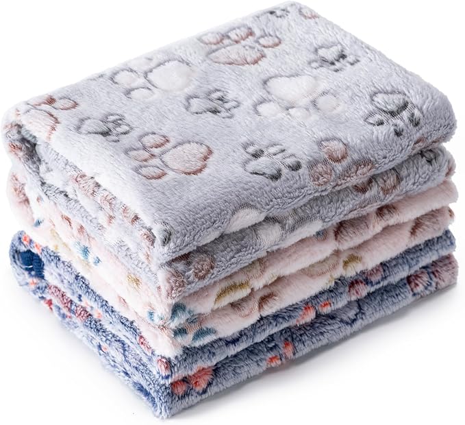 1 Pack 3 Blankets for Dog Puppy Cat (Medium 30x20'', Beige, Grey, Navy) | Super Soft Fluffy Premium Fleece Pet Blanket Flannel Paw Printed Throw