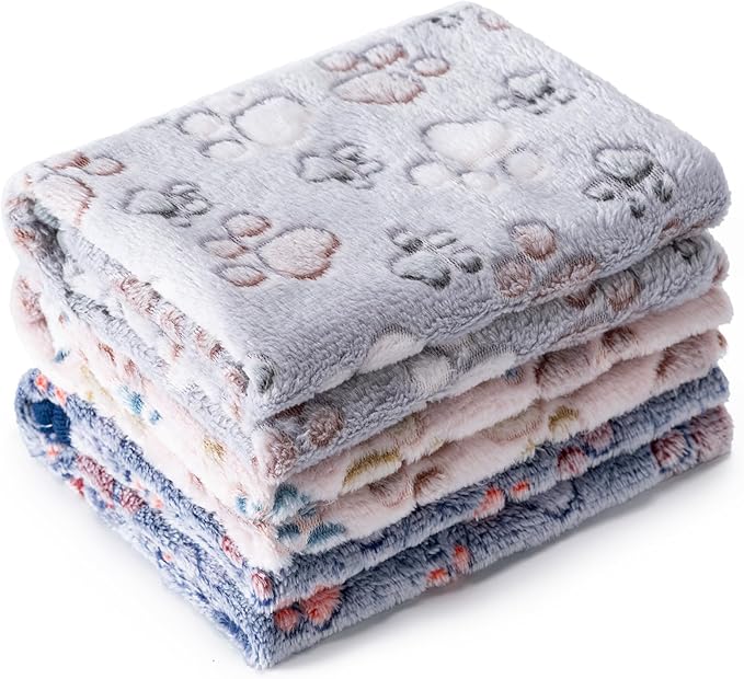 1 Pack 3 Blankets for Dog Puppy Cat (Large 41x31'', Beige, Grey, Navy) | Super Soft Fluffy Premium Fleece Pet Blanket Flannel Paw Printed Throw